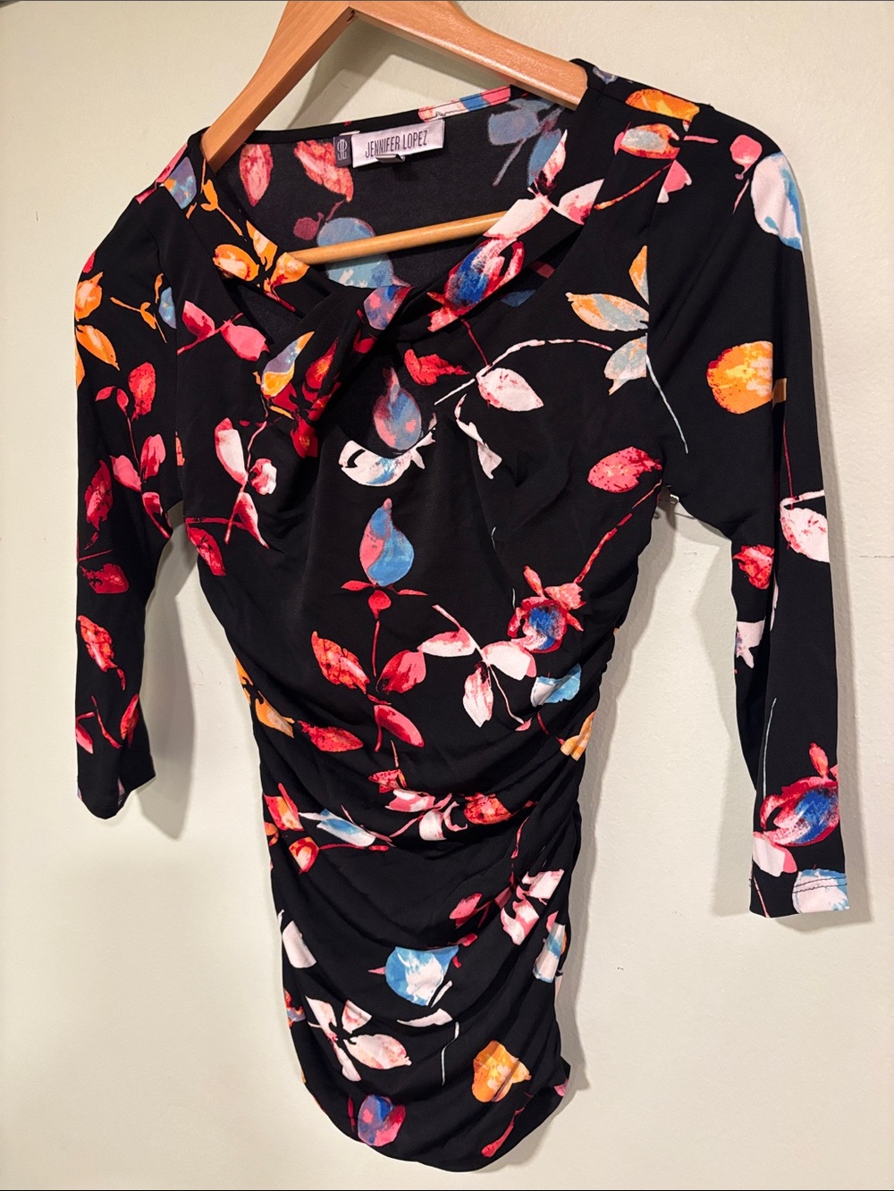 Jennifer Lopez Black Floral Ruched Long Sleeve Blouse
